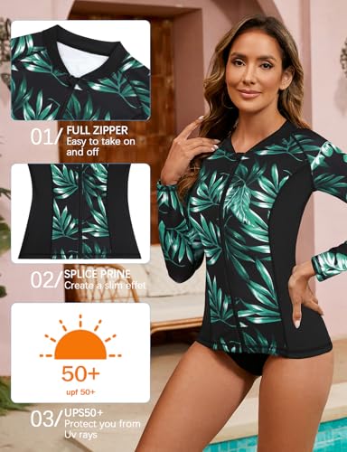 LURANEE Women's Zip Up Rash Guards for Women UPF50+ Long Sleeve Swimsuit - color: Green Leaf, size: Medium