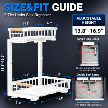 Under Sink Organizer 2 Pack, Double Slide Out Metal Shelf, White - color: White