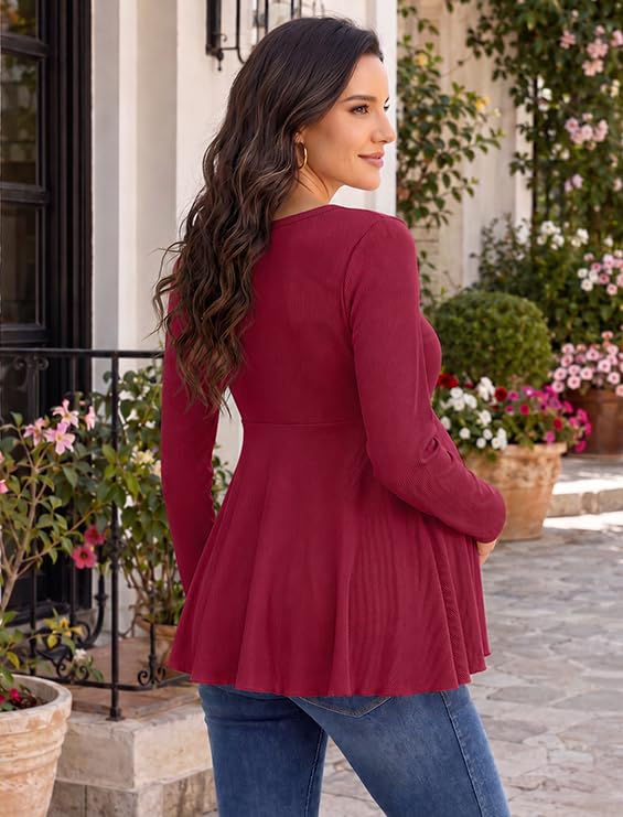 Genhoo Womens Long Sleeve Maternity Tops Ribbed V Neck Maternity Shirts - color: Wine Red, size: XX-Large