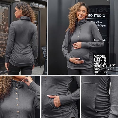 Bhome Maternity Shirt Casual Long Sleeve Half Button Front Lightweight Sweatshirts Slim Fit Pullover Tops with Pockets - color: Charcoal Gray, size: Large