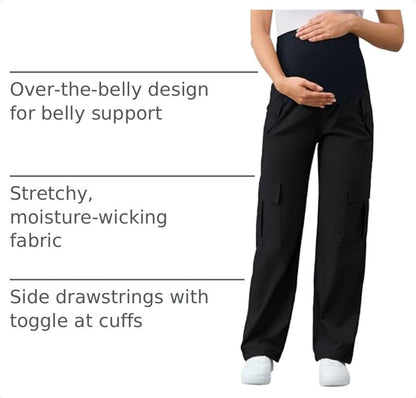 AMPOSH Women's Maternity Cargo Pants with 6 Pockets Quick-Dry Pregnancy Hiking Pants - color: Black, size: Medium