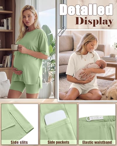 Huukeay 2 Pack Women Maternity Set Pregnancy Outfits - color: Mint Green, Cream, size: Medium