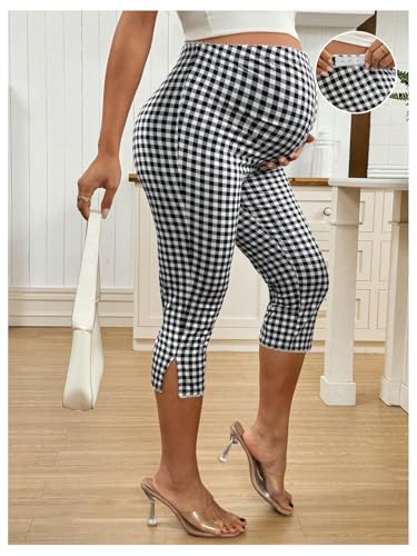 MakeMeChic Women's Maternity Capri Pants Plaid High Waist Workout Leggings - color: Black and White, size: Medium