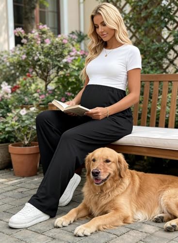 BLENCOT Women's Maternity Pants Work Adjustable Waisted Wide Leg Waffle Knit Trousers Pregnancy Clothes with Pockets - color: Carbon Grey, size: Medium