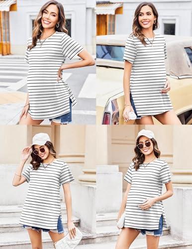 Ekouaer 3 Pack Maternity Shirts Short Sleeve Pregnancy Tops Summer Clothes - color: Black/White/Stripe, size: XX-Large