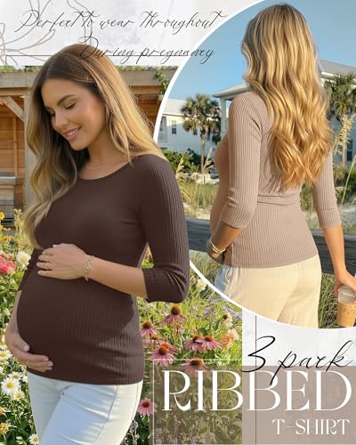 Neer 3 Pack Women's 3/4 Sleeve Crew Neck Maternity Tops - color: Khaki, Brown, Black, size: Medium