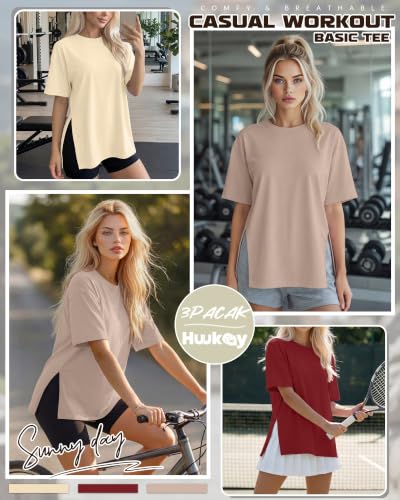 Huukeay 3 Pack Women's Oversized T Shirts Workout Tops - color: Apricot, Wine Red, Gray Khaki, size: Small