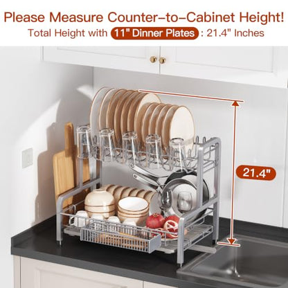 BOOSINY 2 Tier Large Stainless Steel Dish Drying Rack for Kitchen Counter - color: Silver, size: 12.4" D x 17.1" W x 14.2" H