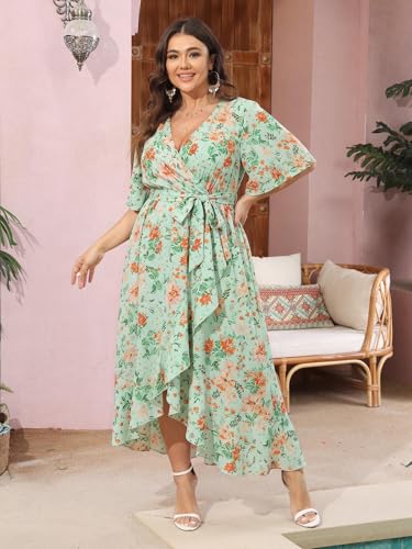SCOMCHIC Women Plus Size Wedding Guest Maxi Dress - color: Green Floral, size: Large