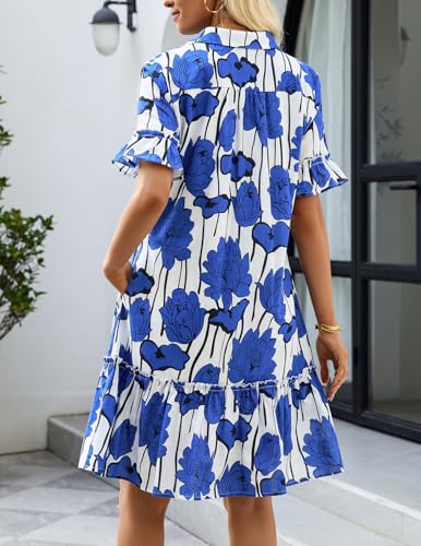 MEROKEETY Women's Summer Casual Tshirt Dress Button Down Shift Mini Dresses - color: Floral Blue, size: Small