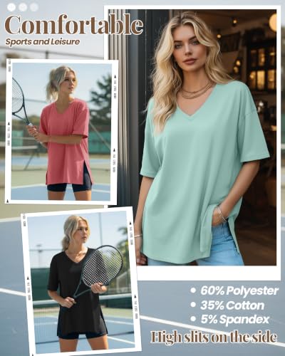 Huukeay 3 Pack Oversized Shirts for Women V Neck - color: Black, Gray Green, Brick Red, size: Medium