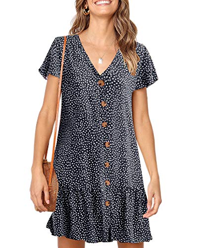 Imysty Womens Summer Polka Dot V Neck Button Down Loose Mini Dress - color: Navy Blue, size: Medium