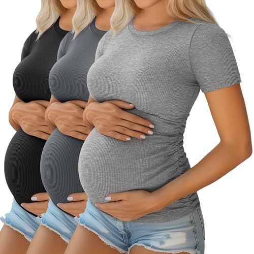 Ficerd 3 Pack Women's Short Sleeve Maternity Shirts - color: Dark Gray, Light Gray, Black, size: Large