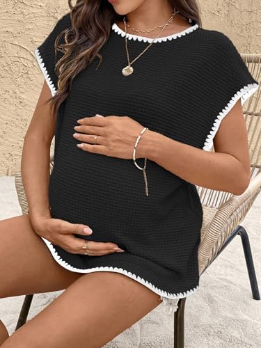 MakeMeChic Women's Maternity Work Knit Tops Nursing Short Sleeve Tees - color: Black, size: XX-Large