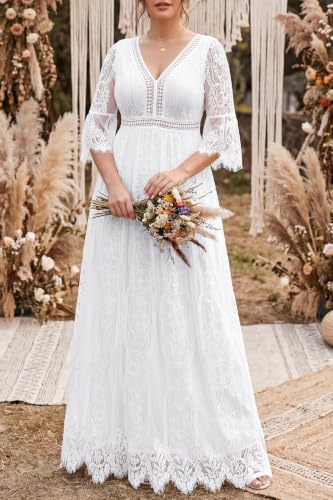 Plus Size Wedding Dresses Boho Lace Formal Bohemian Fall Long Dress - color: White, size: 14 Plus