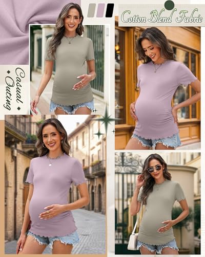 Xaatren 3 Pack Women's Maternity Short Sleeve Shirts - color: Cement Gray, Gray Purple, Black, size: Large