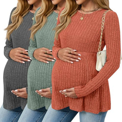 3 Pack Maternity Shirts Long Sleeve Ribbed Sweaters - color: Caramel, Green, Dark Gray, size: Small