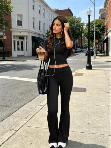 COPYLEAF Two Piece Lounge Sets for Women Fold Over Leggings Y2k Outfits - color: Black, size: Medium