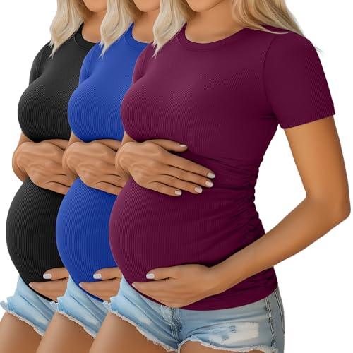Ficerd 3 Pack Women's Short Sleeve Maternity Shirts - color: Black, Royal Blue, Fuchsia, size: Small