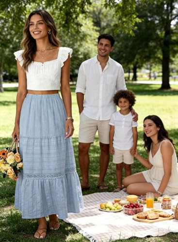 BLENCOT Women's Boho Tiered High Waisted Cotton Long Flowy Skirt - color: Blue, size: Large