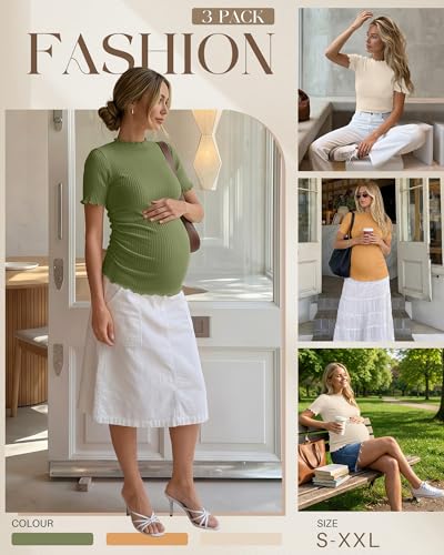 3 Pack Women's Ribbed Maternity Tops - color: Ginger Yellow, Sage Green, Apricot, size: Small