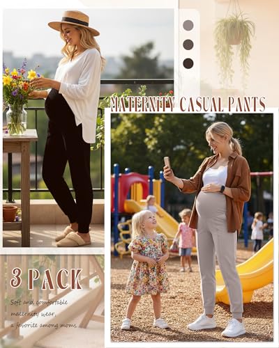Oakgarden 3 Pack Women's Maternity Pants Over the Belly Joggers - color: Dark Brown, Light Coffee, Gray Apricot, size: Medium