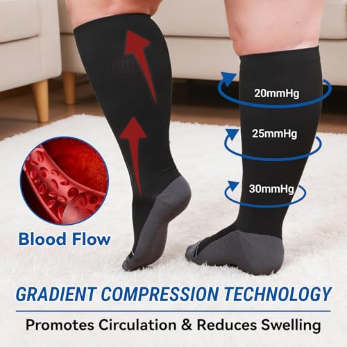 3 Pairs Plus Size Compression Socks for Women Men Wide Calf - color: 3 Pairs-Black, size: L/XL