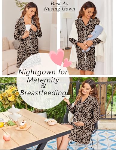 Ekouaer Womens Nightgown Long Sleeve Nightshirt Soft Button Down Sleepshirt - color: Leopard, size: Medium