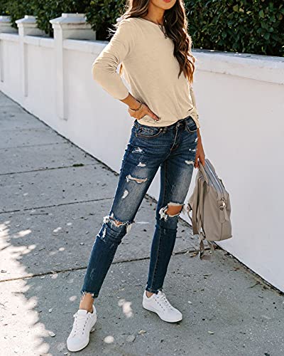 Sherosa Womens T-Shirts Long Sleeve Crew Neck Shirts Basic Tee Tops Blouse - color: A Cream, size: Medium
