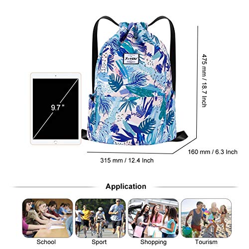 XEYOU Drawstring Backpack Bag Sport Gym Sackpack Beach Cinch Bag - color: Blue Leaves