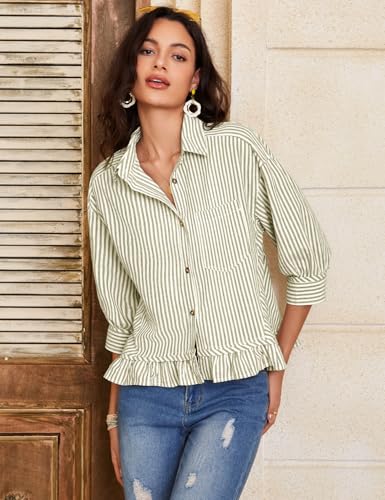 Flygo Womens Striped Button Down Shirts Cropped 3/4 Sleeve Ruffled Blouses - color: Olive, size: Large