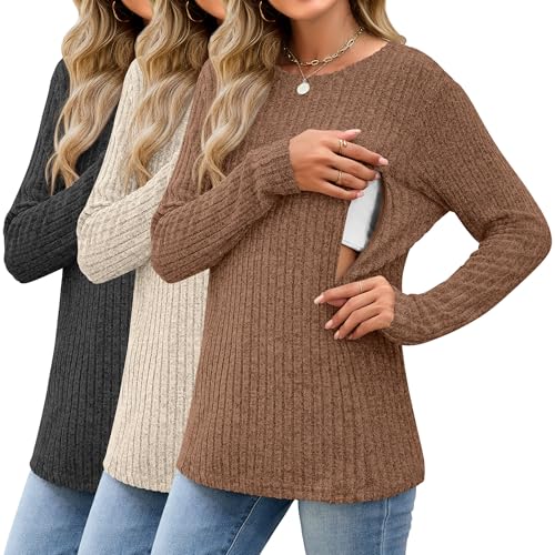 3 Pack Maternity Nursing Ribbed Long Sleeve Tops - color: Black, Apricot, Brown, size: Large