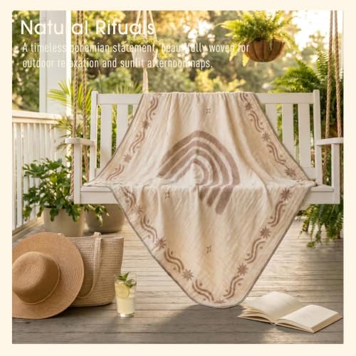 Muslin Baby Blanket, Organic Cotton Blend Jacquard (Boho Rainbow) - color: Rainbow Border