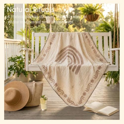 Muslin Baby Blanket, Organic Cotton Blend Jacquard (Boho Rainbow) - color: Rainbow Border