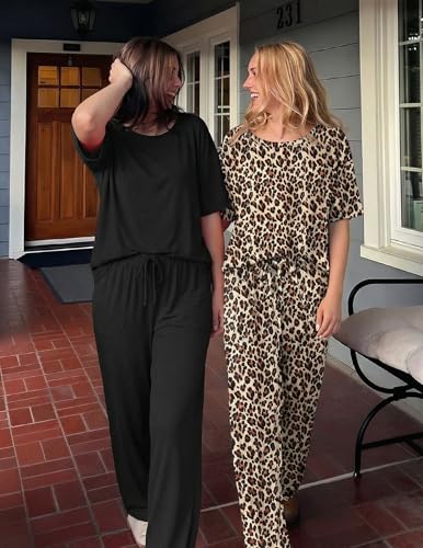 Ekouaer 2 Pack Womens Pajamas Sets Short Sleeve Long Pants Pjs Lounge Set - color: Black/Leopard, size: Medium