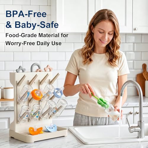 GoMaihe Baby Bottle Drying Rack: Space Saving Vertical Bottle Dryer Holder - color: Beige, size: Standard