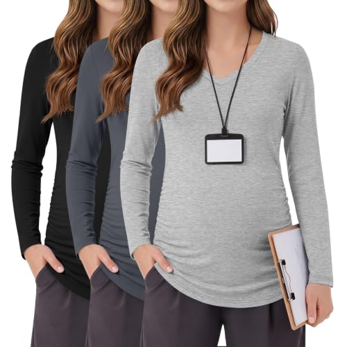 3 Pack Women Maternity Shirts Scrub Tops Side Ruched - color: Black, Dark Gray, Light Heather Gray, size: X-Large