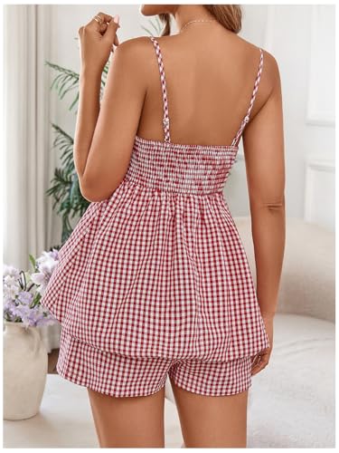 SweatyRocks Women Maternity 2 Piece Outfits Gingham Cami Top Shorts Sets - color: Red and White, size: X-Large