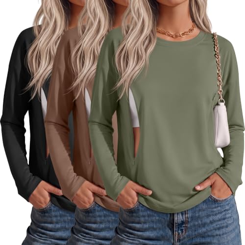 Riyiper 3 Pack Women's Nursing Shirts with Hidden Zippers - color: Army Green, Light Coffee, Black, size: X-Large