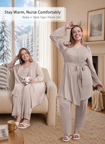 Rnxrbb 4 PCS All-Season Nursing Pajamas Robe Set Maternity Postpartum Pjs - color: Beige, size: X-Large