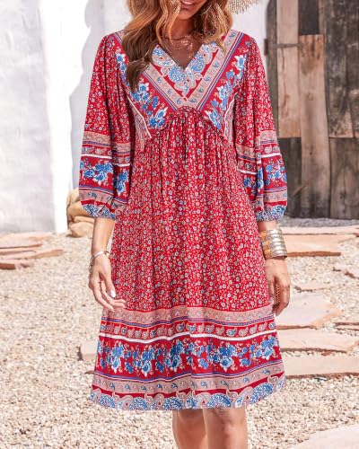 BTFBM Women's Casual Floral Long Sleeve Mini Dress - color: Floral Blue Red, size: X-Large
