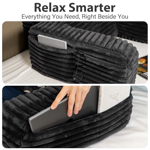 ENITYA 22" XL Back Pillow for Bed Sitting Up with Armrests & Big Pockets - color: Black, size: XL(5'3"-5'11")