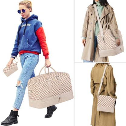 IBFUN Weekender Bags for Women, 3PCS Travel Set with Shoe Compartment 21.6 - color: A15-khaki+checkered