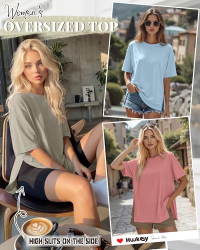 Huukeay 3 Pack Women's Oversized T Shirts Workout Tops - color: Bean Paste Pink, Khaki, Light Blue, size: Small
