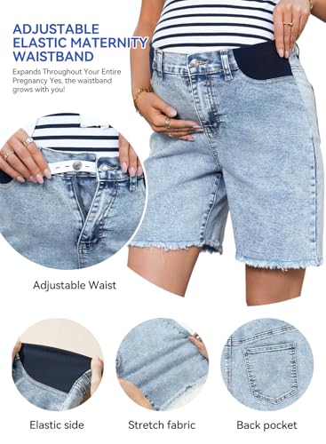 BLENCOT Maternity Jeans Bermuda Shorts Elastic Waist Raw Hem - color: Light Blue, size: X-Large
