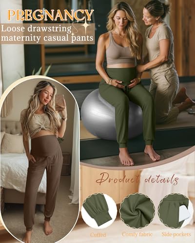 3 Pack Womens Maternity Pants Loose Pregnancy Joggers - color: Army Green, Light Coffee, Black, size: Small