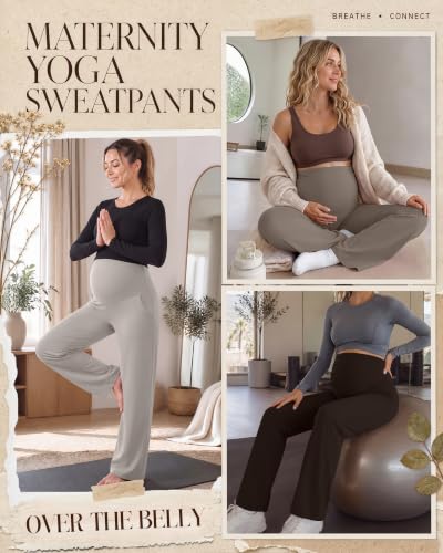 3 Pack Women's Maternity Yoga Pants with Pockets - color: Brown, Light Coffee, Cream, size: Large
