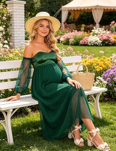 Tulle Maternity Maxi Dress Off Shoulder Baby Shower Dress - color: Darkgreen, size: Medium