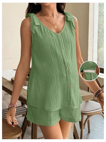 OYOANGLE Women's 2 Piece Maternity Set Textured Tie Shoulder Lounge Outfits - color: Mint Green, size: Small