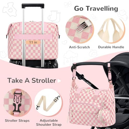 Tenot Diaper Bag Tote, Baby Bag with Pacifier Case, Pink Checkered - color: Pink Checkered